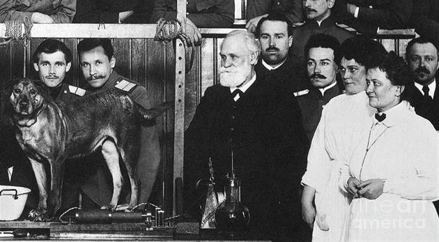 Ivan Petrovič Pavlov se svým týmem a s jedním z pokusných psů.