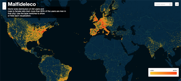 Z informací hacknutých ze seznamky Ashley Madison je interaktivní mapa.