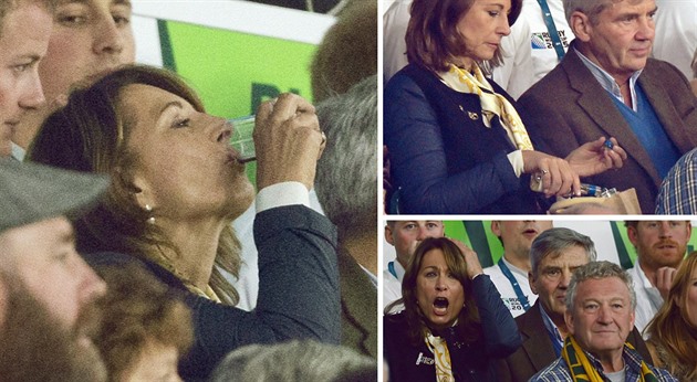 Carole Middleton a její uklidovací techniky na ragbyovém zápase.