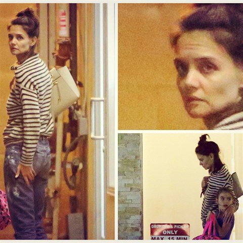 Na Katie Holmes jsou patrn znmky navy.