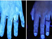 Ruce pinavé a ruce po umytí mýdlem.