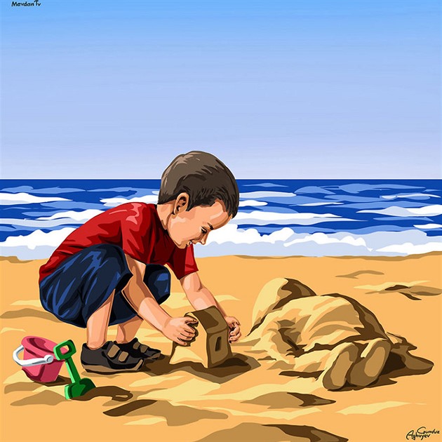 Aylan Kurdi na pláži.