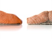 Nalevo je steak z lososa, pipravovaný sous-vide, vpravo je restovaný postaru,...
