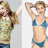 Miley Cyrus nalevo coby nevinn Hannah Montana, napravo jako holka, kter ns...