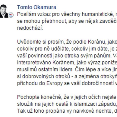 Tomio Okamura burcuje davy svch vrnch, aby stejn jako muslimy nenvidli...