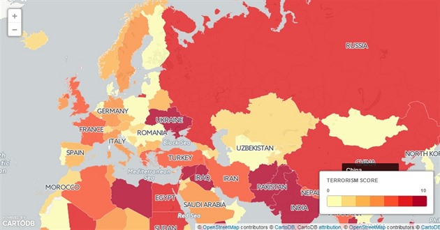 Mapa terorismu v roce 2014.