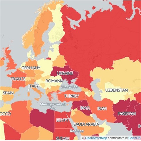 Mapa terorismu v roce 2014.
