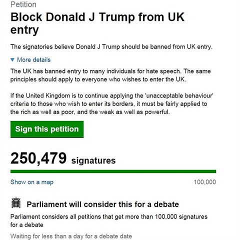 Petice za zkaz vstupu Donalda Trumpa do Velk Britnie nasbrala bhem...