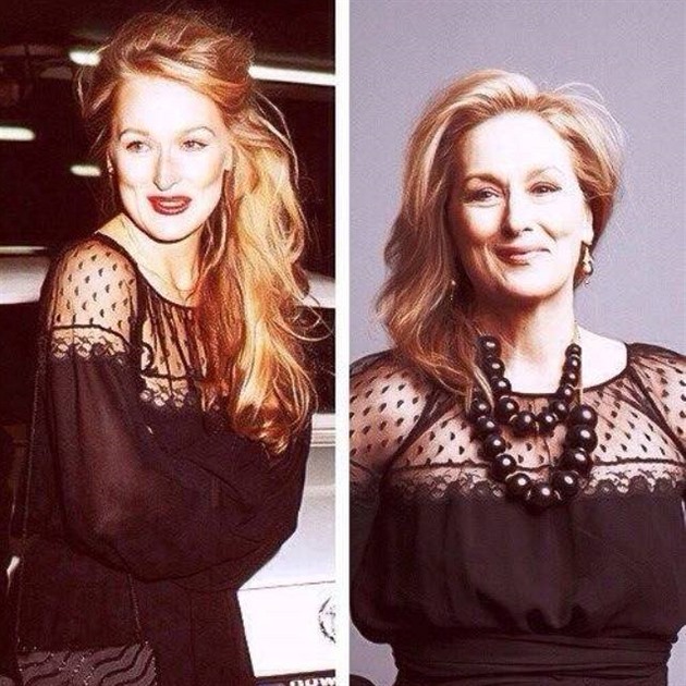 Meryl Streep v roce 1979 (vlevo) a v roce 2009 na pedávání cen BAFTA.