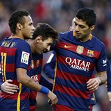 Útočná trojka Barcelony: Neymar, Messi, Suárez.