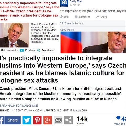 lnek s nzory prezidenta Zemana na webu britskho Daily Mailu ml tisce...