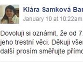 Klára Samková na Facebooku informovala o tom, e ji nezastupuje Martina...
