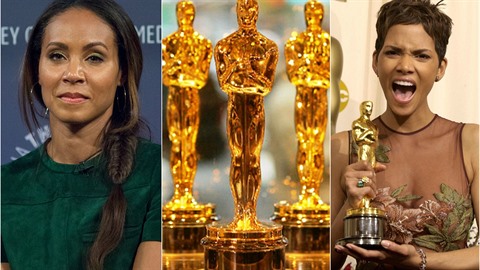 Jada Pinkett Smith se vymezuje vi bílým Oscarm. Vpravo Halle Berry coby...