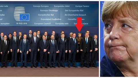 Kancléka Merkelová se na spolené fotografii hlav stát Eu krí na konci druhé...