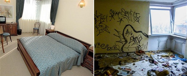 V dříve velkoryse zařízených pokojích se dnes občas ubytují jen bezdomovci
