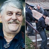 Rakev s ostatky Ivana Jonáka nakládají pracovníci pohřební služby a policisté...