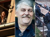 Rakev s ostatky Ivana Jonáka nakládají pracovníci pohební sluby a policisté...