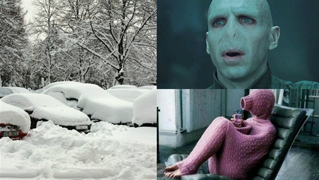 Lord Voldemort se diví, e v zim padá sníh.