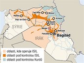 Mapka znázorující neustále se ztenující pozice Islámského státu..
