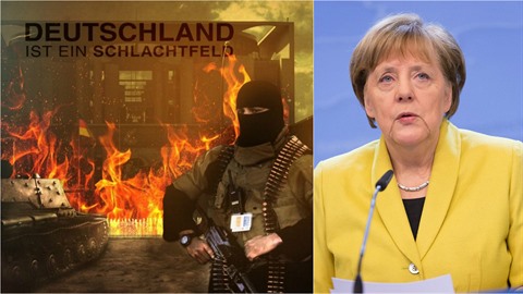 Na jednom obrázku je napíklad budova kancléství Angely Merkelové v plamenech...