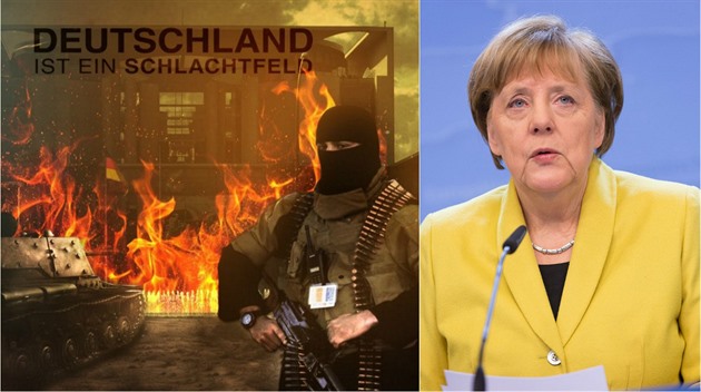 Na jednom obrázku je napíklad budova kancléství Angely Merkelové v plamenech...