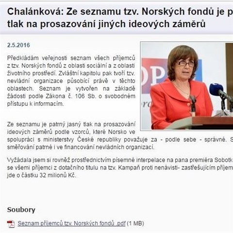 Chalnkov zveejnila seznam pjemc penz z norskch fond. Vyjdenm, e...