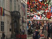 Zhruba dv st lidí se selo ped americkou ambasádou v Praze, aby uctili...