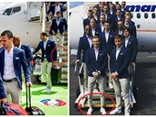 �eský tým z letadla vystoupil v letních modrých sá�kách s kapesní�kem, v...