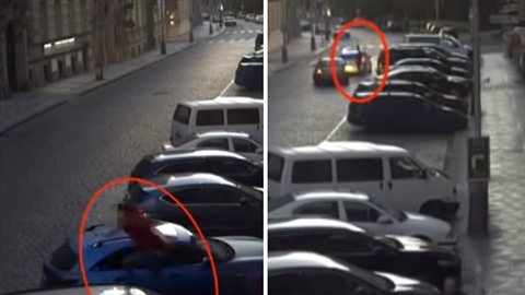 Mladík se probhl po zaparkovaném automobilu v centru Prahy.