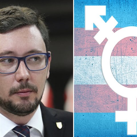 Jiří Ovčáček s nedůvěrou hledí na vlajku a znak transsexuálů. Vznik vládního...