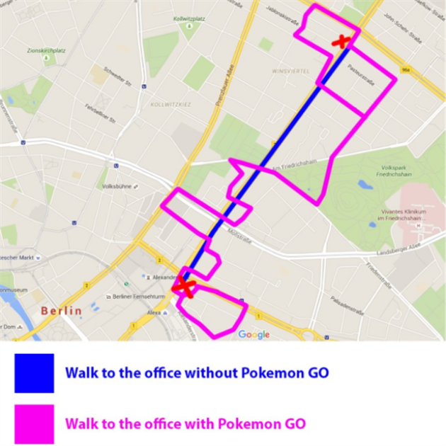 Modře je normální cesta do práce, růžově cesta při hraní Pokémon GO. Kvůli hře...