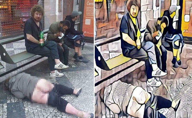 Z nechutné fotky opilých bezdomovc z nich jeden pebral natolik, e na zemi...