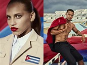 Saka v béové pro dámy a rudé pro pány mají na sob kubánskou vlajku.
