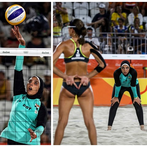 Zápas ve volejbalu mezi egyptskými a německými plážovými volejbalistkami zaujal.