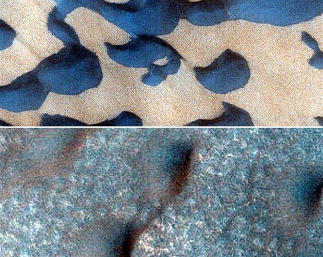 Duny na povrchu Marsu nabz zajmav pechody mezi odstny modr a bov. Na...