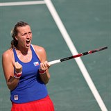 Petra Kvitová slaví, postoupila do čtvrtfinále olympijského turnaje v Riu.