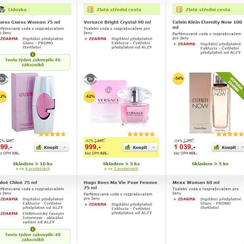 Na Alze se�enete i luxusn� parf�my, vyb�r�me nam�tkou, m��ete vid�t selvy kolem 50-60%. Ide�ln� d�rek t�eba k Mikul�i, co ��k�te?