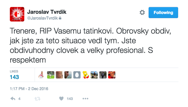 Tweet Jaroslava Tvrdíka po zápase ve Zlín.