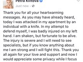 Touto zprávou Petra Kvitová uklidovala své fanouky po celém svt.