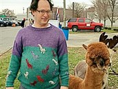 Fotka ve svetru z vlny lamy alpaka s motivem lamy alpaka vedle lamy alpaka....