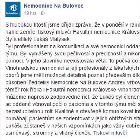 S tragicky zesnulm tiskovm mluvm Fakultn nemocnice Krlovsk Vinohrady se...