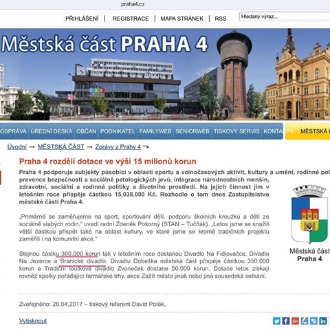 Rozhodnut o vi dotace pro Branick divadlo na webovch strnkch M Prahy 4.