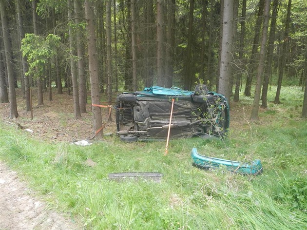 Auto skonilo na boku v lese