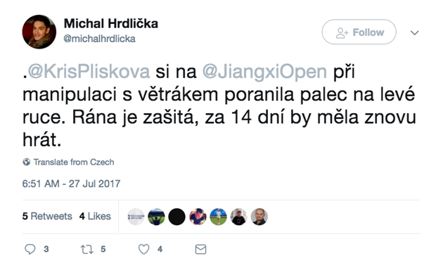 Tweet Michala Hrdliky o zranní Kristýny Plíkové.