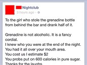 Vzkaz pro holku, co na baru ukradla láhev  Grenadiny a plku jí vypila!...