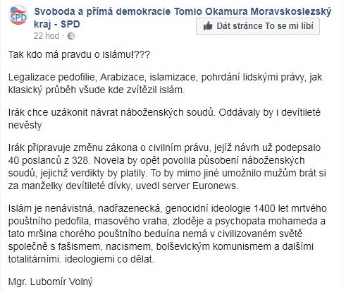 Status Lubomra Volnho na Facebooku SPD Moravskoslezskho kraje.