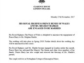 Oficiální zpráva o zásnubách britského prince Harryho s herekou Meghan Markle.