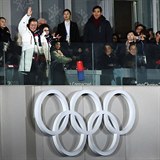 Severní a Jižní Korea pospolu nad olympijskými kruhy.