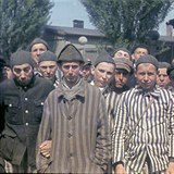 Pohled na vězně z Dachau na kolorovaných fotografiích.
