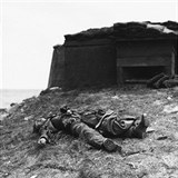 Zastelen nmeck vojk pobl jednoho z bunkr, z nich nacist ostelovali americk vojky.